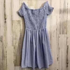 Altar’d State Blue White Gingham Smocked Off Shoulder Midi Dress Size S